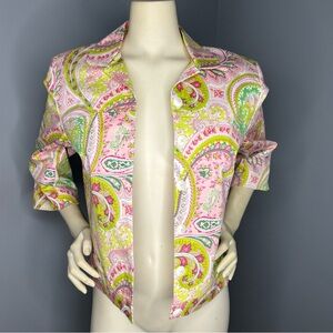 Vinci Clothiers Paisley Button Front spring Jacket Pink Green 3/4 Sleeve